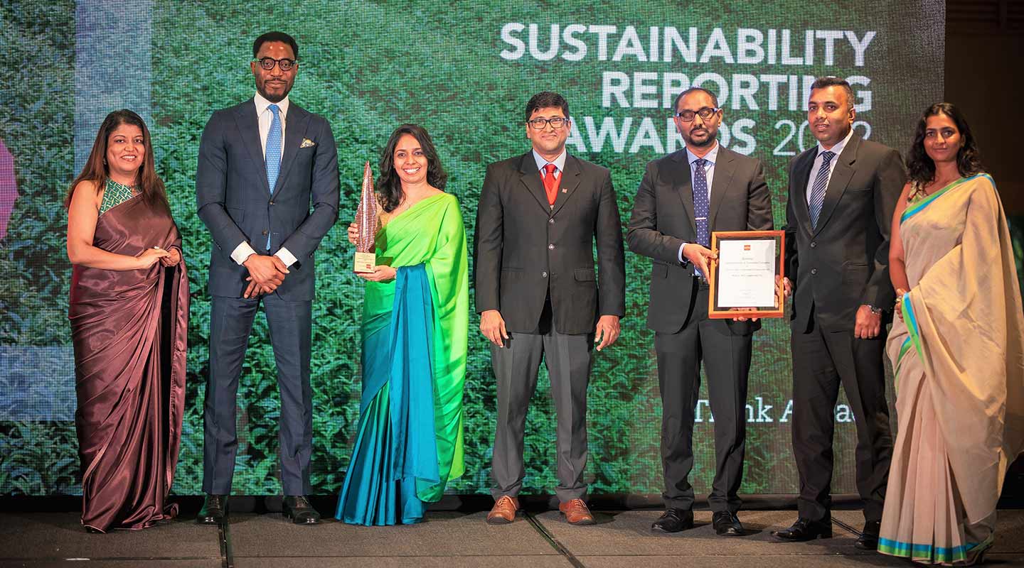 Mr. Sudath Mahagedara, General Manager - Finance of DIMO; Ms. Amali De Zoysa, Manager – Management Accounting of DIMO; Mr. Sampath Madurusinghe, Senior Manager – Accounting Operations of DIMO; and Ms. Mega Ganeshan, Manager – Sustainability of DIMO accepting the winner award in the Conglomerates and Diversified category.